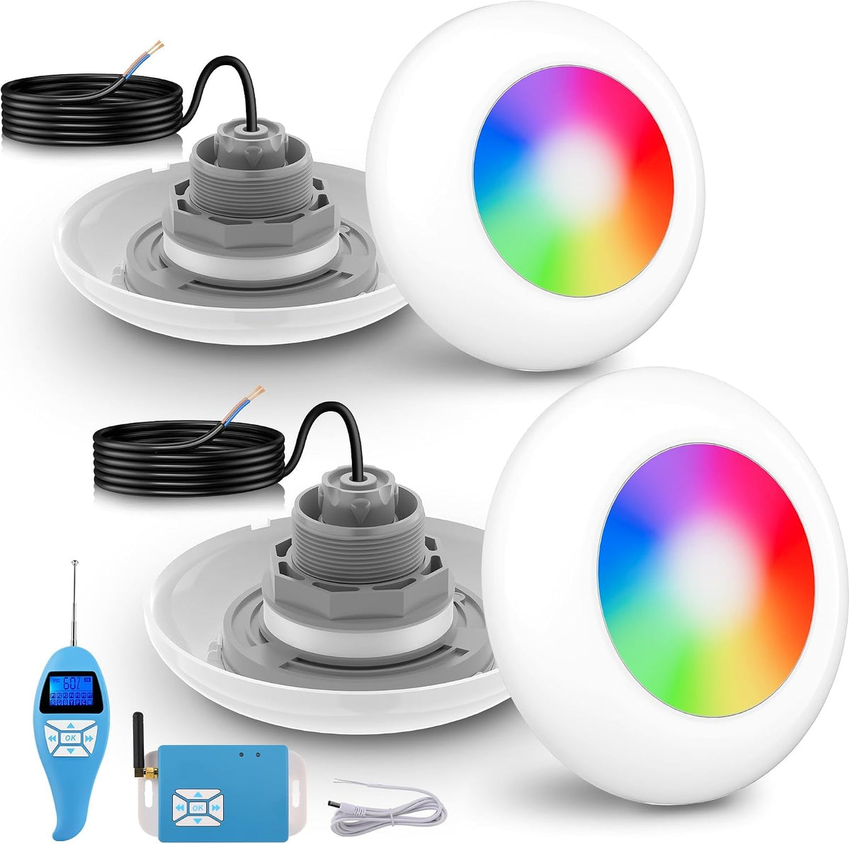 LyLmLe LED 2' 15W RGB Poolscheinwerfer mit Außengewinde Pool Beleuchtung, mit Controller & Fernbedienung, Ø190mm