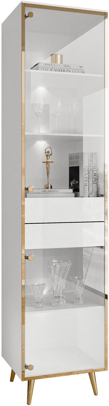 Lookway Glasvitrine, Vitrine Aurora mit LED Weiß Hochglanz mit Glasfront, Golddekor, Schubladen & Regale, Hängend oder Stehend