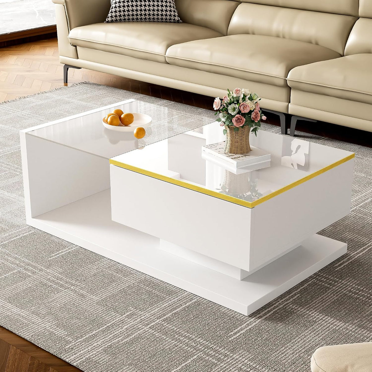 Couchtisch LED Moderner, Wohnzimmertisch mit Stauraum, Hochglanz-Weiß Beistelltische, fürs Wohnzimmer, 100 × 50 × 32.5 cm, Merax