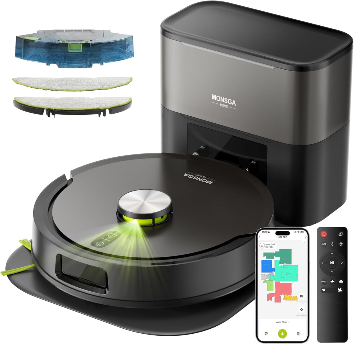 MONSGA Staubsaugroboter, Saugroboter mit Wischfunktion 10000PA & Absaugstation 4L Selbstentl