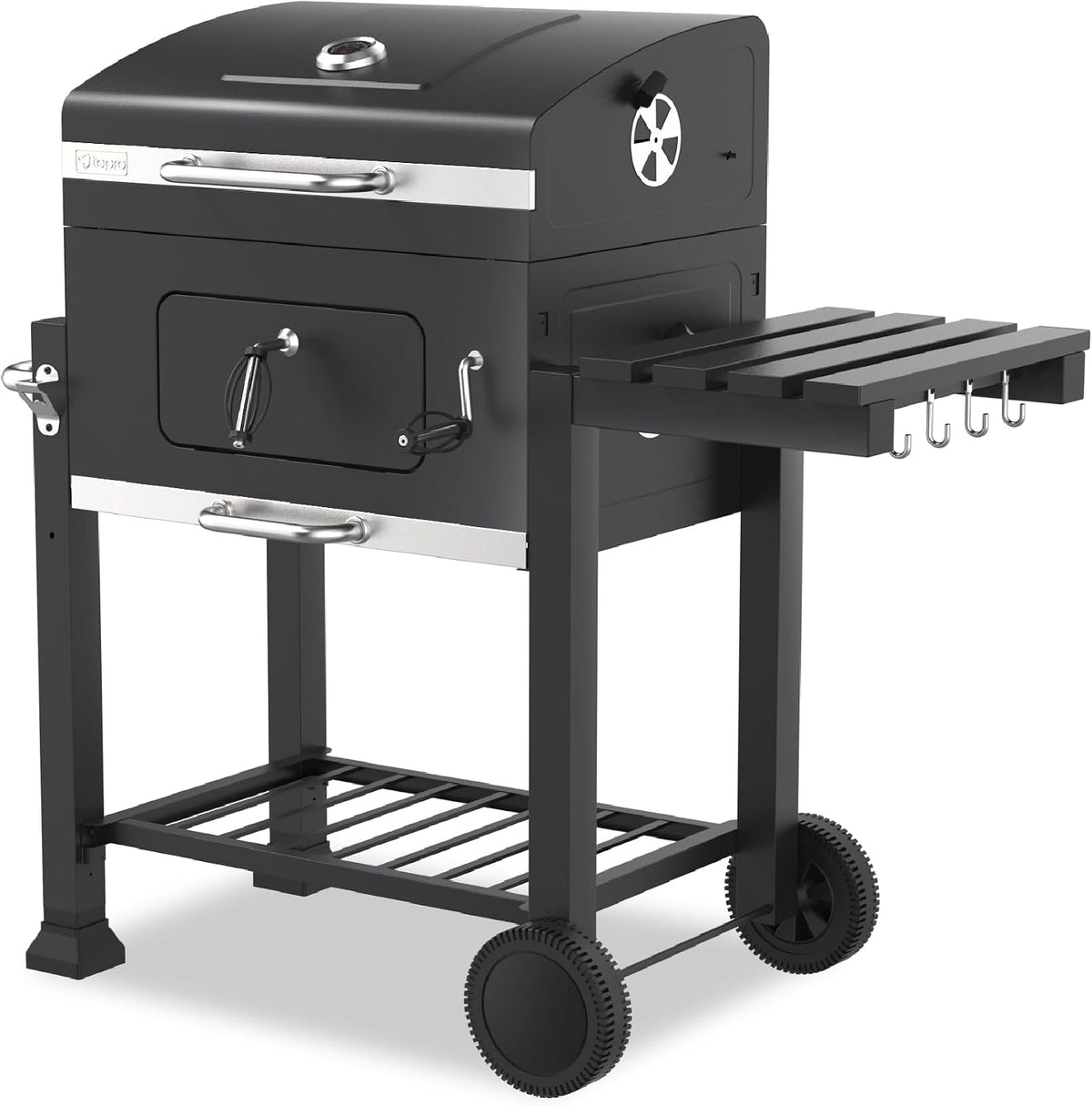 tepro Holzkohlegrill ( Grillwagen, ) Toronto Click, Grillfläche: ca. 56 × 41, 5 cm, BBQ mit Deckel, Edelstahl-Griff, Grillrost und Thermometer