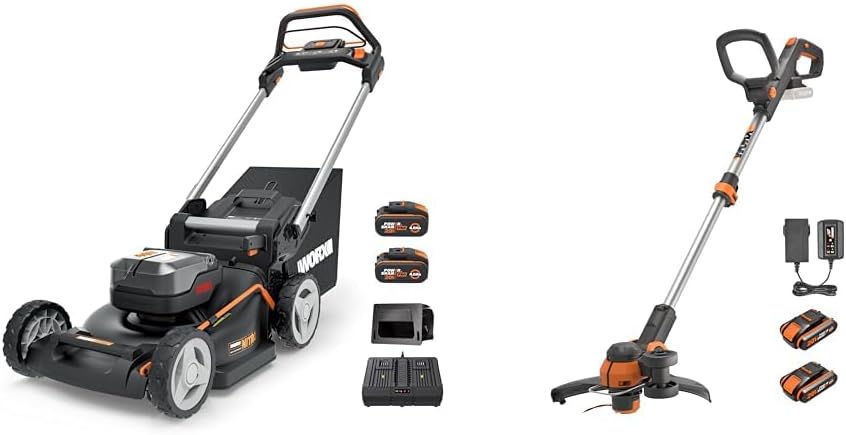 WORX WG749E Akku Rasenmäher, 40V (2 × 20V) PowerShare, Radantrieb & WG163E Akku Rasentrimmer 20V, Kantenschneider Rasen, 2-in-1 Funktion