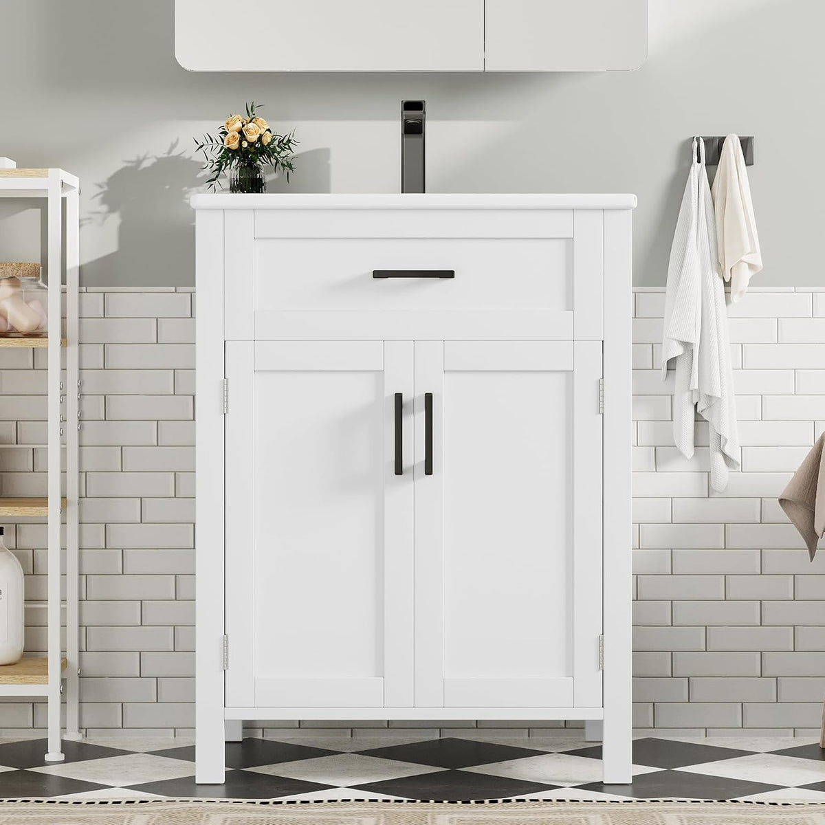 Spültisch, Bodenstehender Badezimmerschrank mit Waschbecken, Waschtisch, komplett lackiert, Doppeltürregale, praktische Schubladen