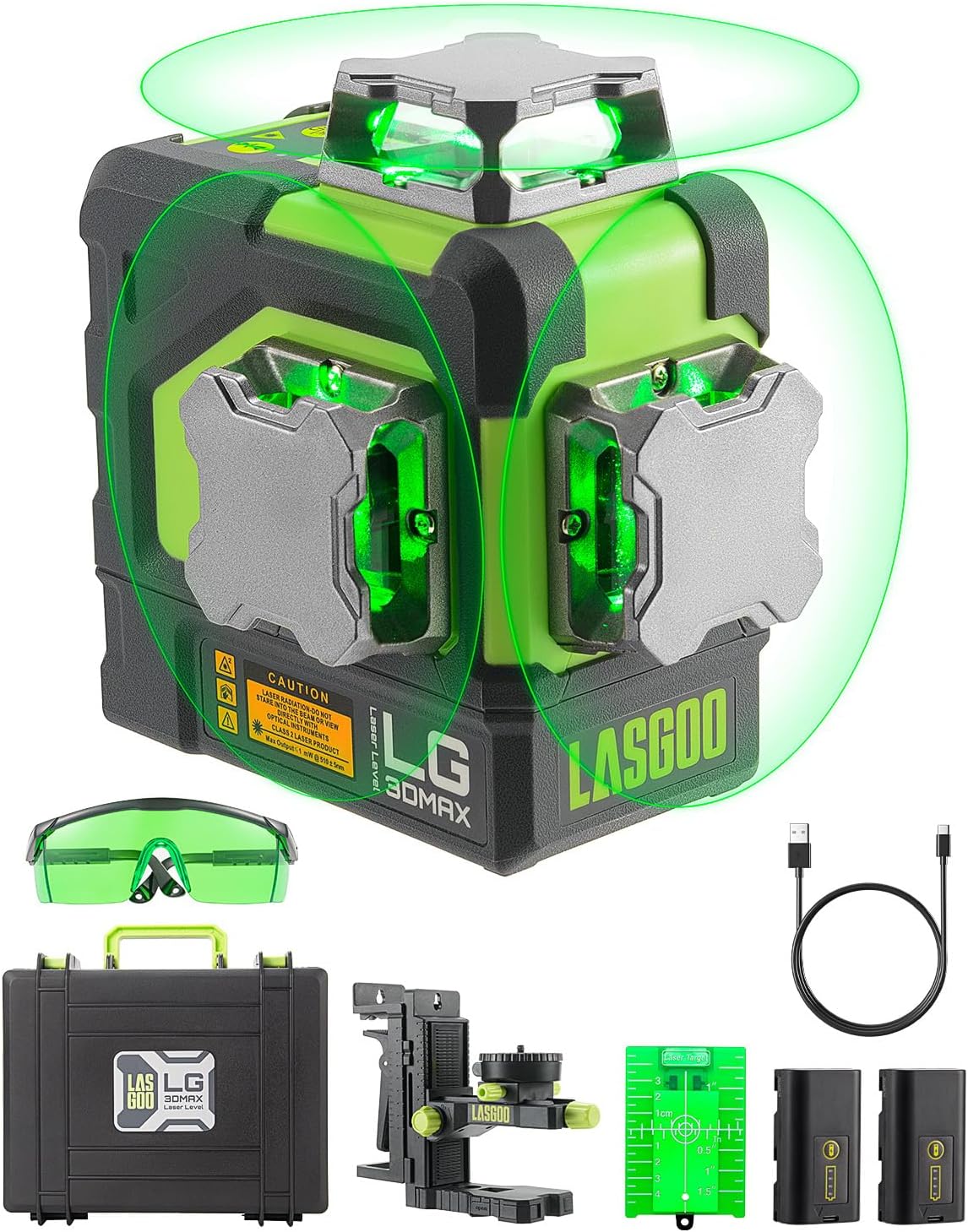 LASGOO Lasermessgeräte & Zubehör, LG-3DMAX 3x360° grüner Laser-Wasserwaage, 3D selbstnivellierend, 2 wiederaufladbare Batterien