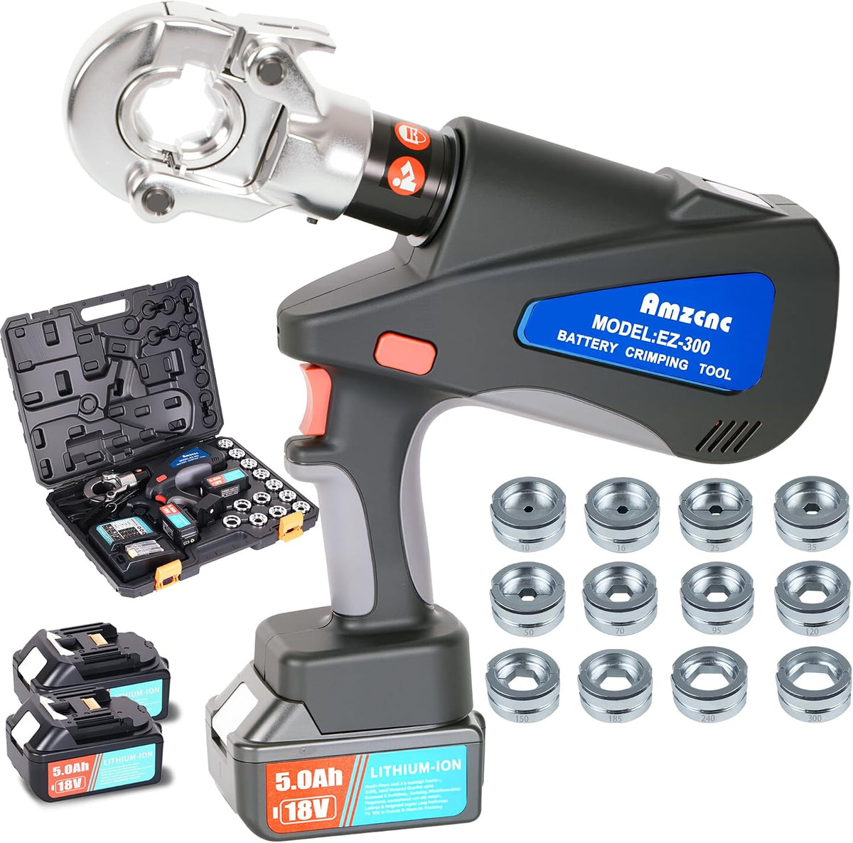 AMZCNC Crimpzangen, 18V Lithium Batterien 2 Stück, 16-300mm², 11 Stempel