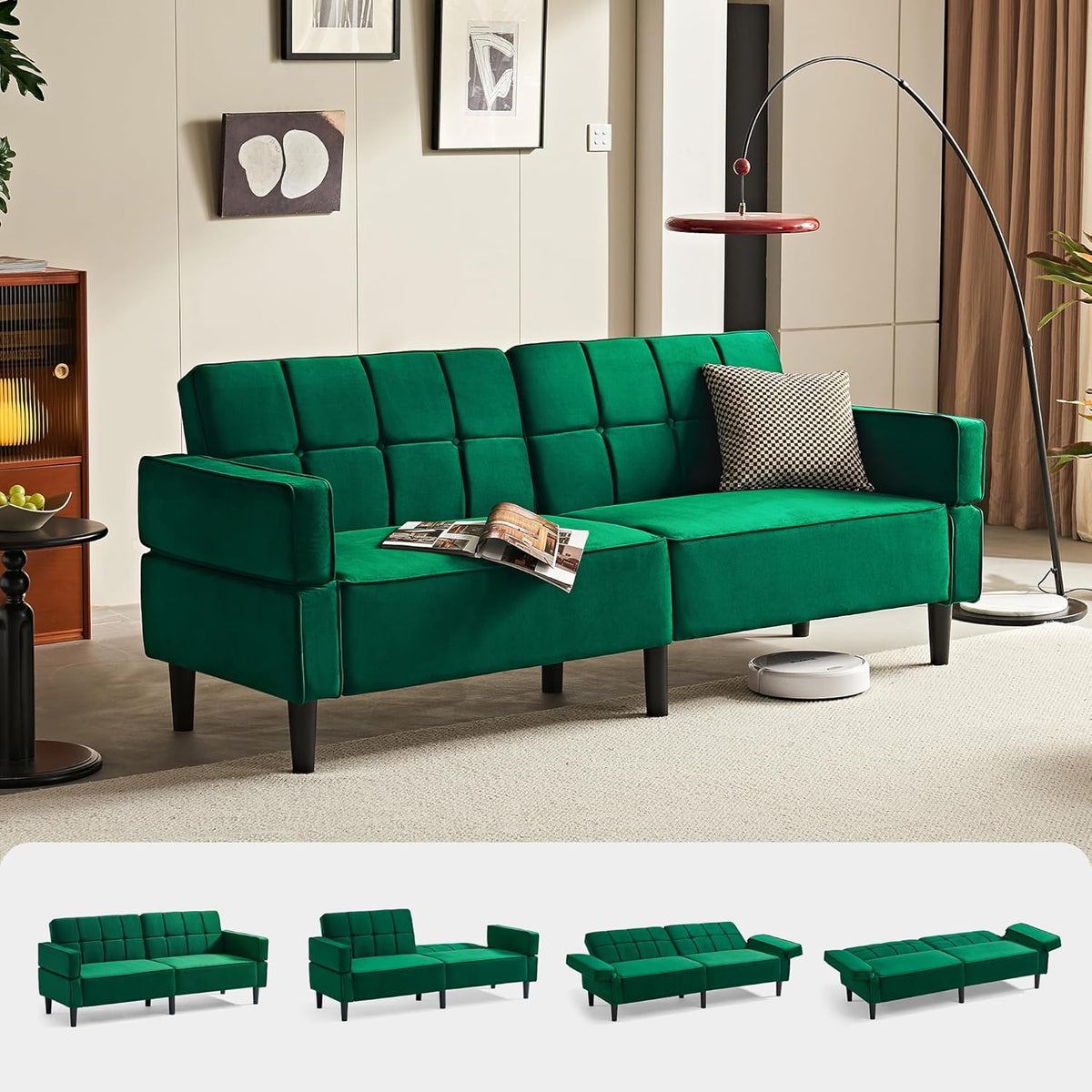 Sofa, mit Schlaffunktion, Schlafsofa mit Verstellbarer Rückenlehne Armlehnen, 3 Sitzer Sofa mit Bettfunktion aus Samtstoff, 230 × 100 cm Liegefläche