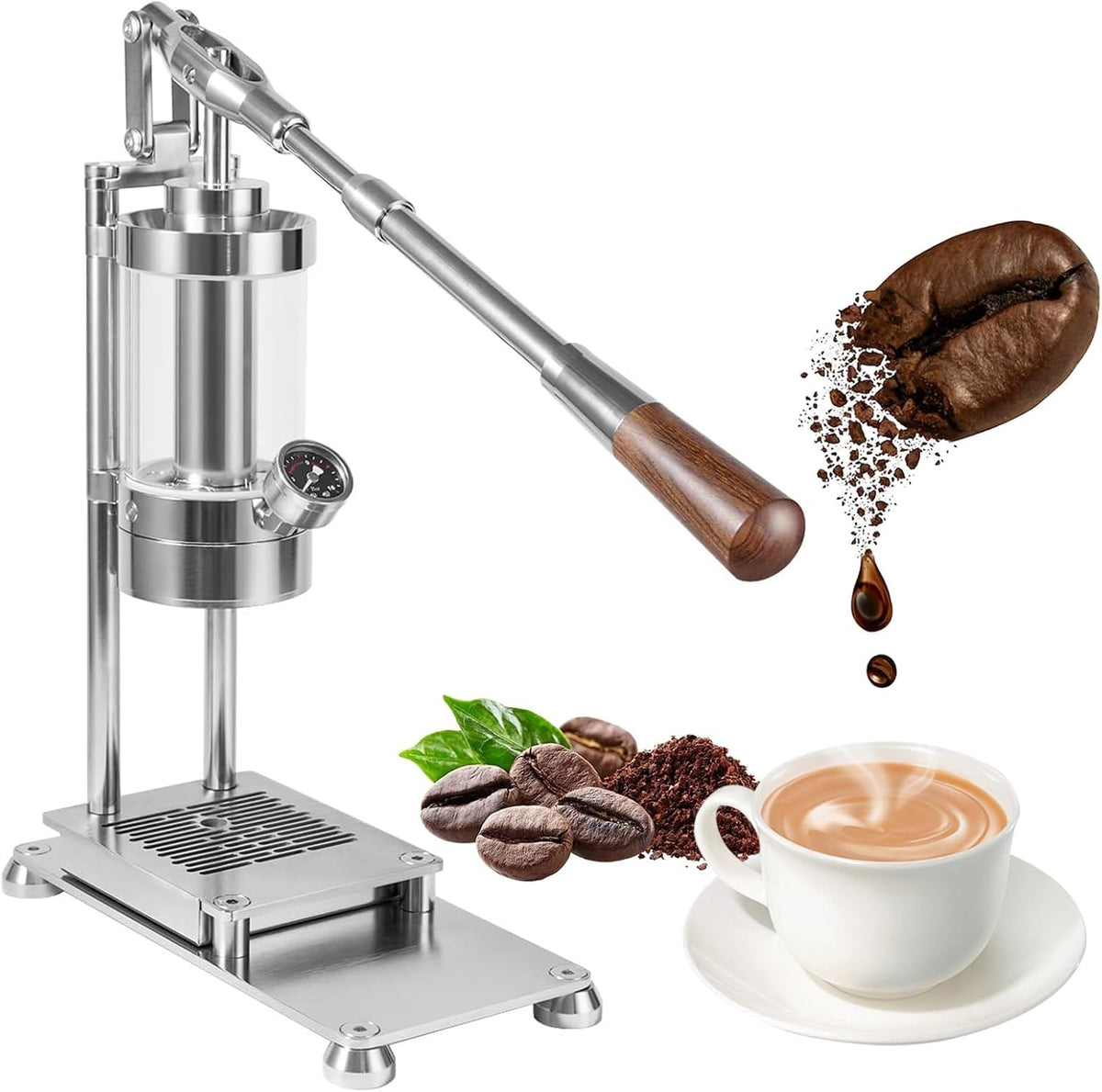 Generisch Manueller Hebel tragbarer Espressokocher, mit handgepresstem Edelstahl-Design, 16 bar Druck