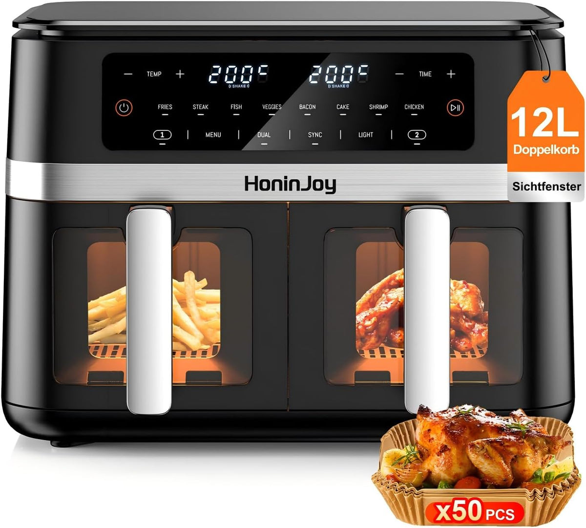 HoninJoy Heißluftfritteuse, Dual Zone Airfryer, 2 Kammern mit Sichtfenster, 10-in-1, 6