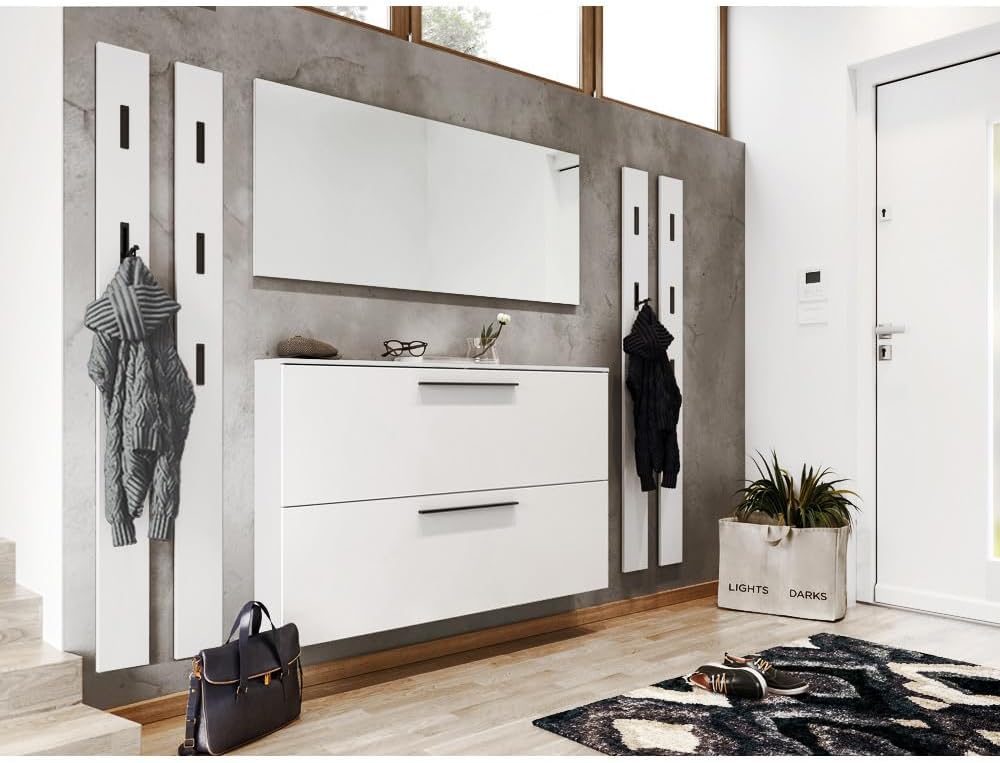 Schuhschrank 6-teilige 140cm Komplett Garderobenmöbel Set in weiß Flurgarderobe mit Spiegelelement &, 4 Garderobenpaneelen, Lomadox