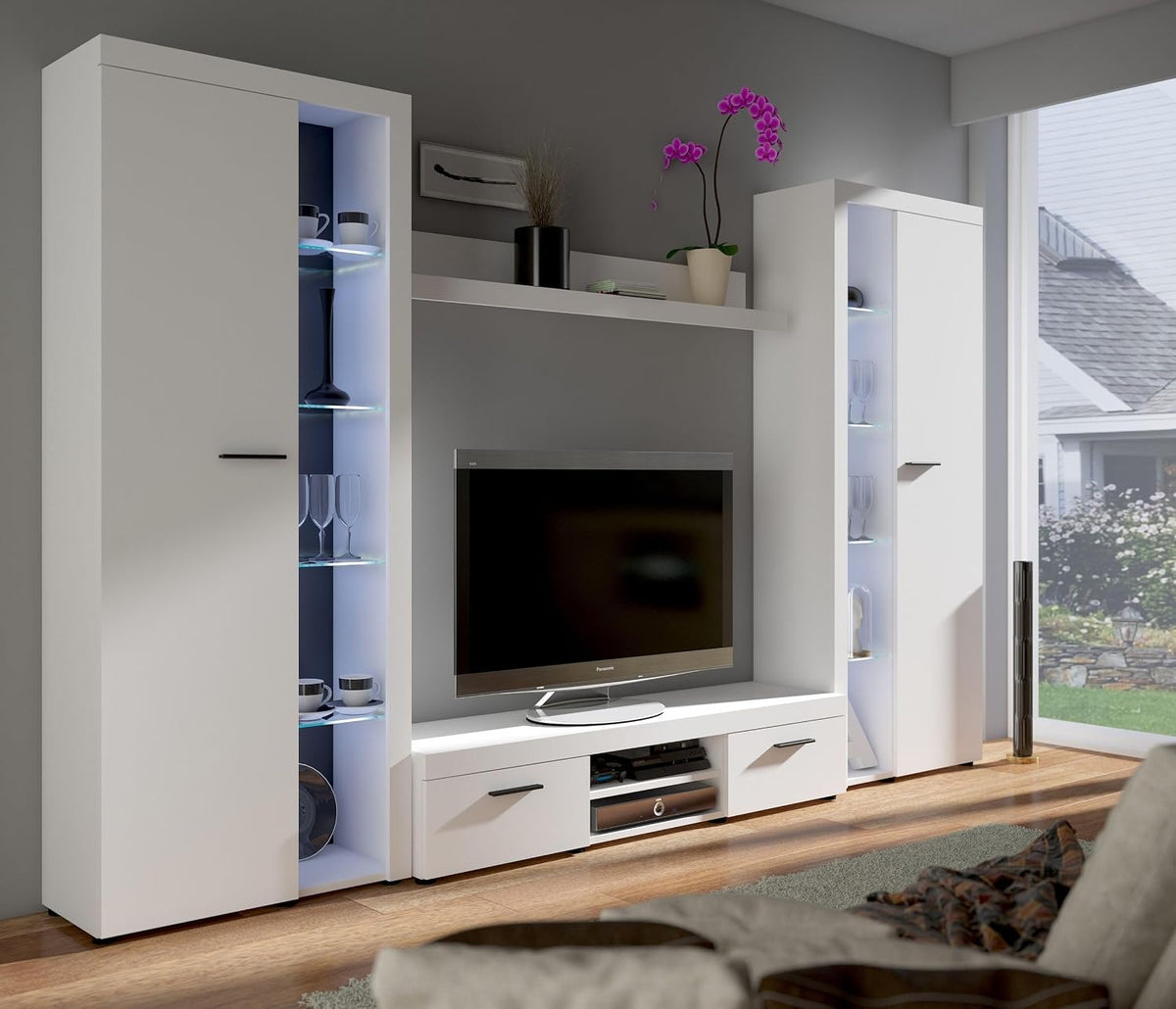 Kuechen-preisbombe TOP Wohnwand, Rumba XL Anbauwand Wohnkombi Wohnzimmer Weiss matt
