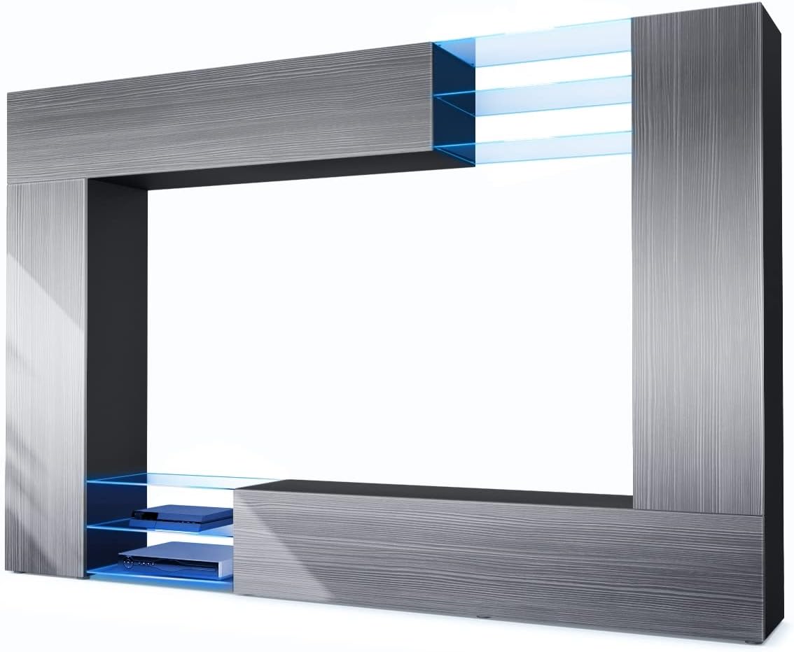 Vladon Wohnwand, Mirage, Made in Germany, Anbauwand mit Rückwand mit 2 Türen, 2 Klappen und 6 offenen Glasablagen, Schwarz matt/Avola-Anthrazit