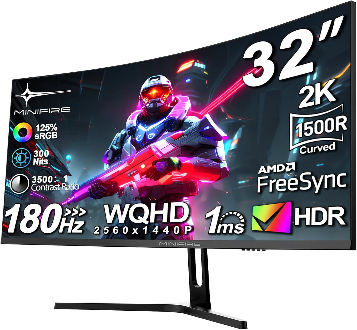 Minifire Gaming Curved Monitor, 32 Zoll 180Hz, 2K WQHD(2560 × 1440), 1500R, 1ms(MPRT), AMD FreeSync, sRGB 125%, VESA，2xHDMI 2.0/2xDP (180Hz)