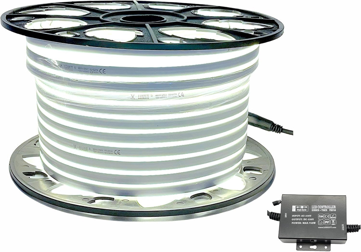 LEDZEIT Lichtschläuche, Profi Serie - LED Neon Flex 50M und Kontroller PSK750 Set, Kaltweiß, 230V, Außen und Innen, Wasserdicht IP67, Dimmbar, Kürzbar