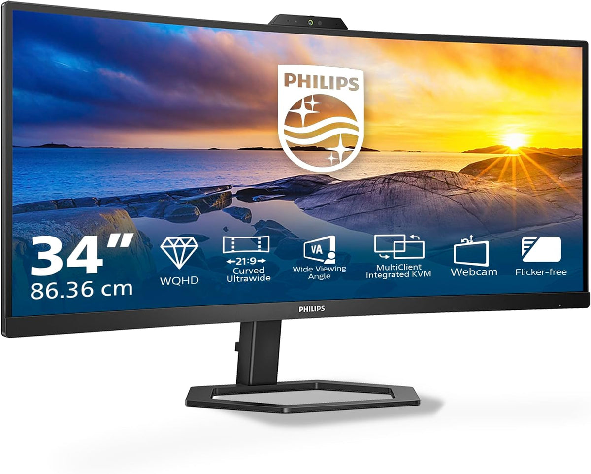 PHILIPS 34E1C5600AM 34 UW-QHD USB Zoll Curved Hub Monitor, 100Hz, VA Panel, 4ms GtG, Webcam, FreeSync Höhenverstellung, Lautsprecher