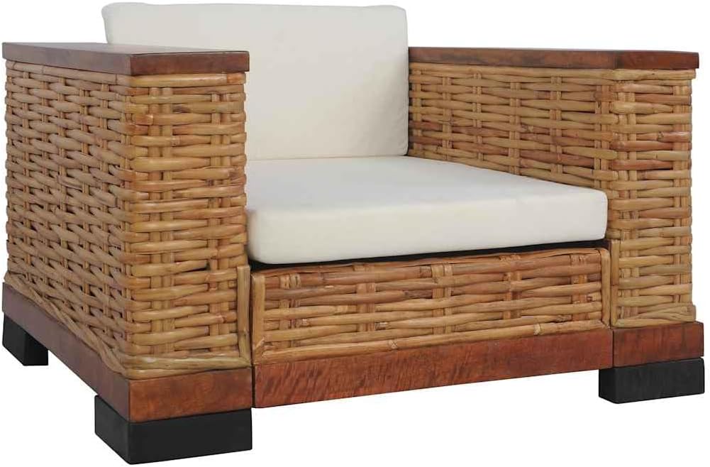 Relaxsessel, Natürlicher Rattan Sessel mit Kissen Braun Natur, Stabiles Holzgestell und Abnehmbare Bezüge, Bequemer Sitzkomfort mit Armlehnen