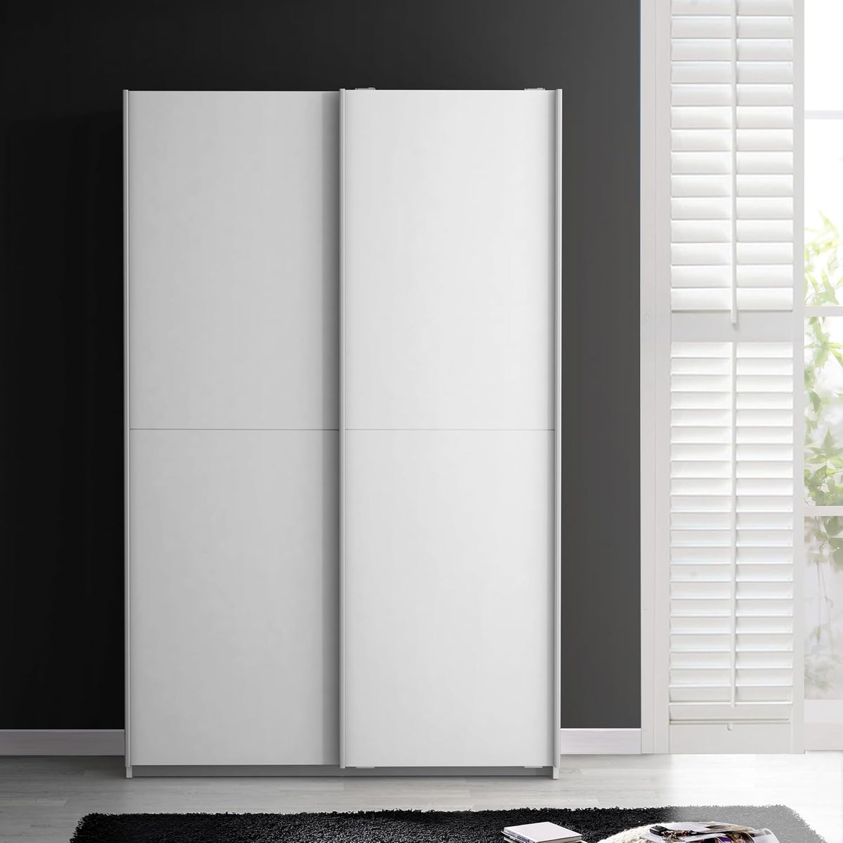 Kleiderschrank, Ohio 40 weißer Mehrzweckschrank modern, 2-türig mit Einlegeböden, Schwebetürenschrank, Garderobenschrank, Holzwerkstoff, Weiß Matt