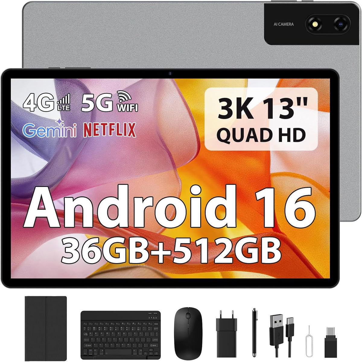 FLYCOAY Tablet PCs, Android 16 Tablet 13 Zoll Octa-Core 2.2GHz, 36GB RAM+512GB ROM (2TB TF), Dual SIM 4G LTE+5G WiFi, 2944 * 1840 FHD