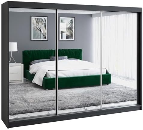 Kleiderschrank ULMI Schwebetürenschrank, 200 cm mit Spiegel und Schubladen, moderner Schlafzimmerschrank mit Schiebetüren (Schwarz), A&J MöbelLand