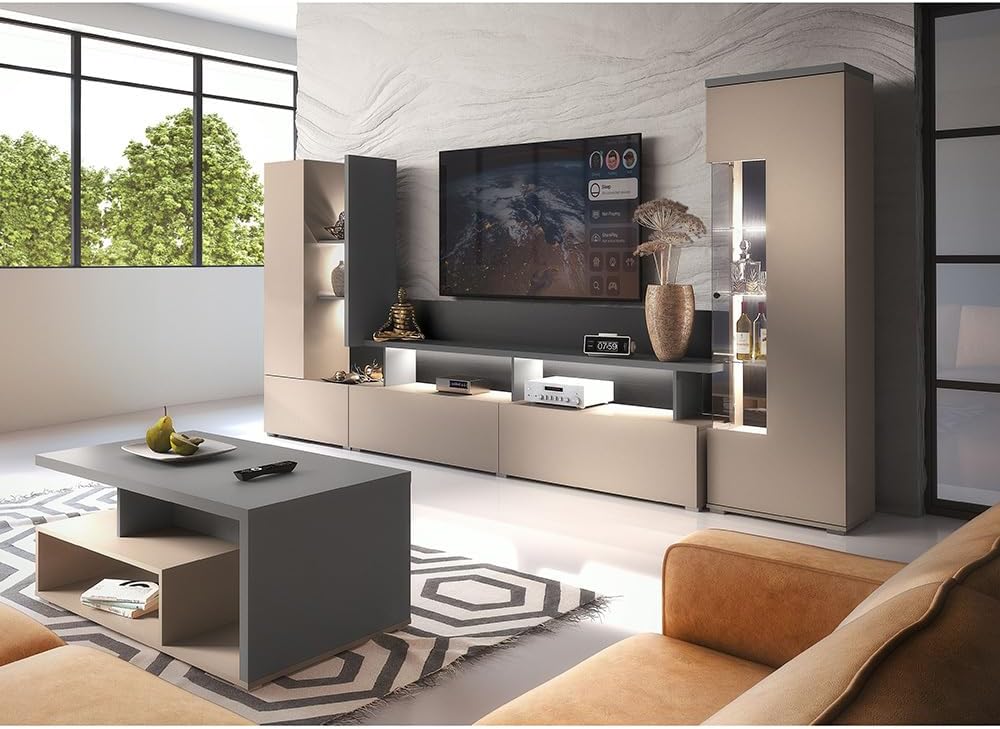 Couchtisch 3-teilig Wohnzimmer Set in beige mit anthrazit Wohnwand, Vitrine, Lomadox