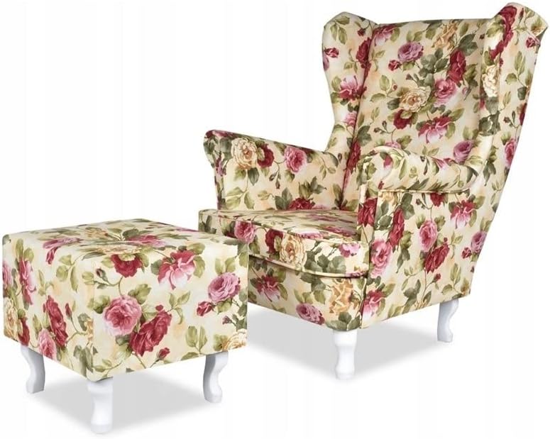 Sessel Ohren, mit Hocker, Modell Print, Skandinavisch, Für Wohnzimmer, Esszimmer, Schlafzimmer, Rosen 2, Family Meble