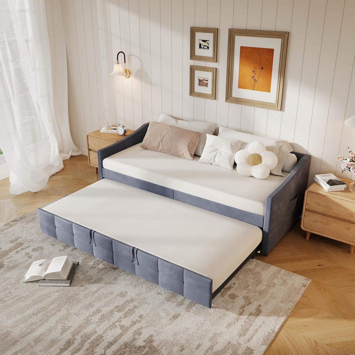 Bett Ausziehbares Schlafsofa Polster, 90/180 × 200cm, Tagesbett Multifunktionsbett Gästebett, Couch Bett 2 Sitzer