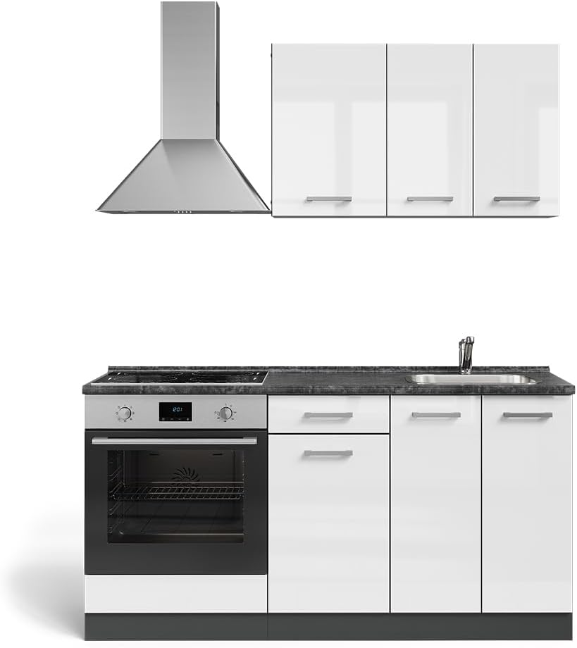 Vicco Küchenzeile, Singleküche R-Line, Weiß Hochglanz/Anthrazit, 160 cm