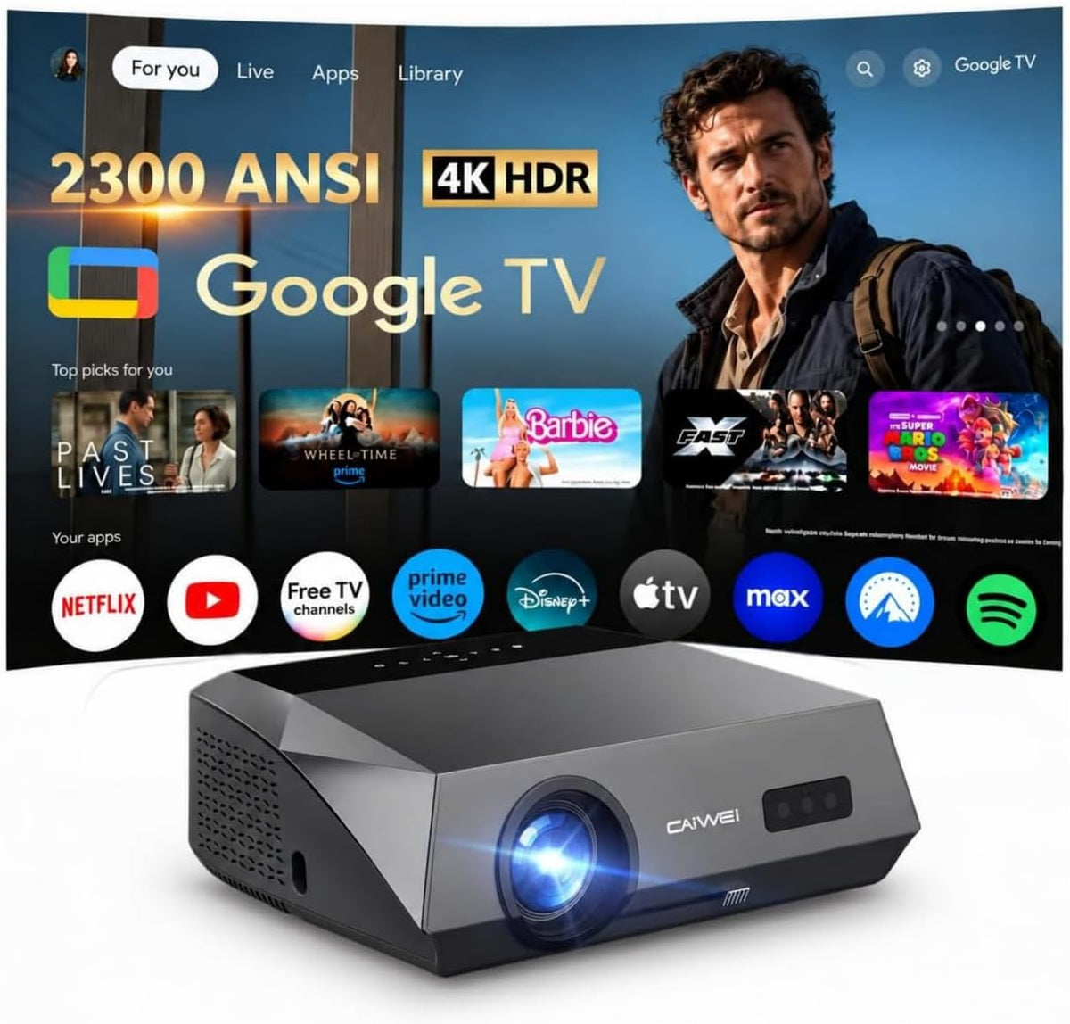 LUFVEBUT TV Google Smart Beamer, 4K für Heimkino Tageslicht 2300 ANSI Ultra HD ToF Autofokus HDMI ARC NFC Dolby LED Projektor AI Cooling