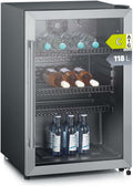 Getränkekühlschrank, Flaschenkühlschrank, mit integriertem Schloss und integrierter LED-Beleuchtung, 118 L Nutzinhalt, schwarz, silber, FSK 8840