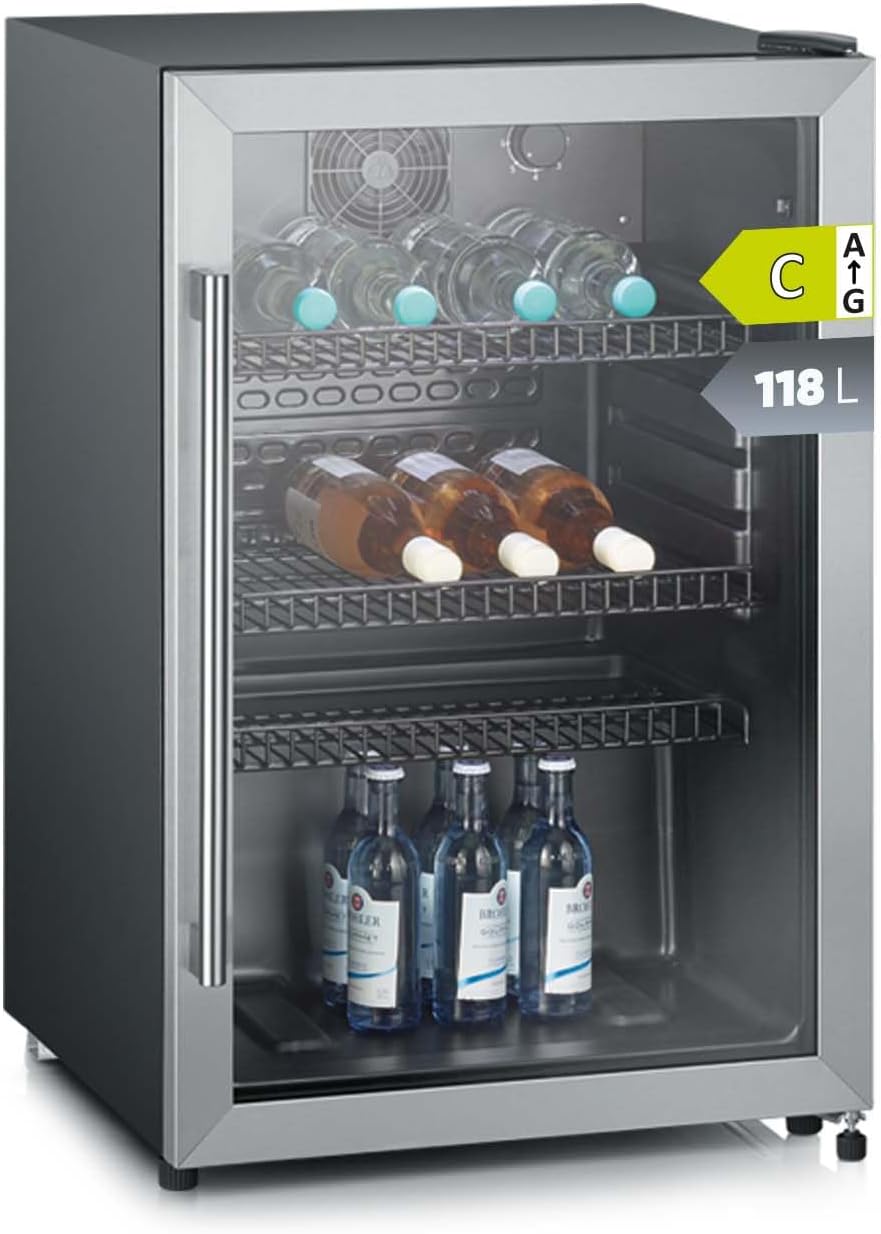 Getränkekühlschrank, Flaschenkühlschrank, mit integriertem Schloss und integrierter LED-Beleuchtung, 118 L Nutzinhalt, schwarz, silber, FSK 8840
