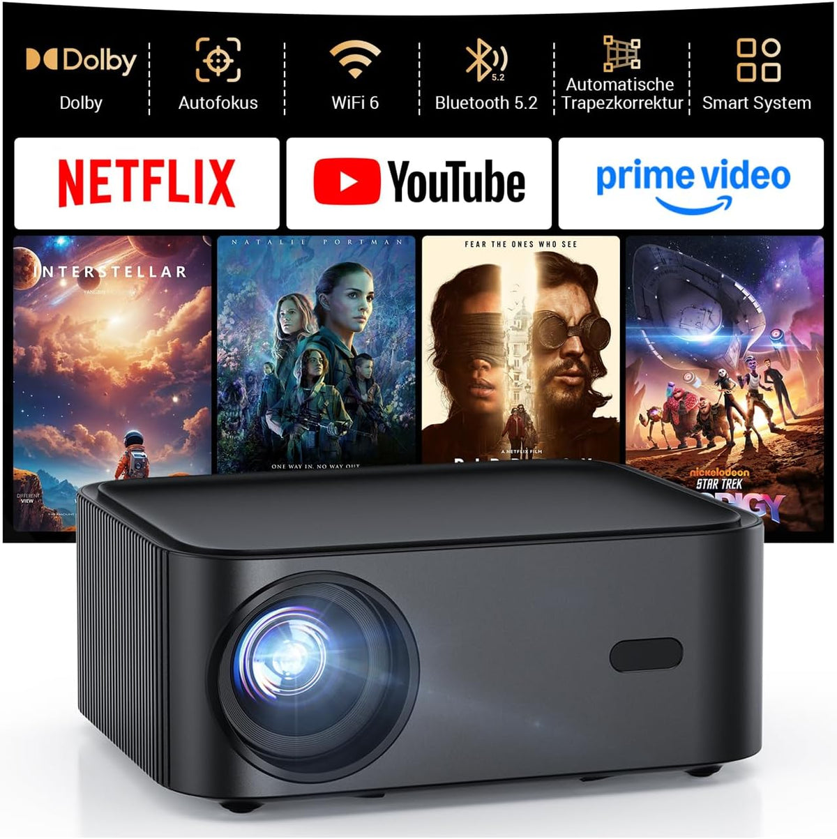 HAPPRUN Smart Beamer, 4K kompatibel mit Netflix-App, H11 Beamer Heimkino mit Autofokus & Dolby Audio