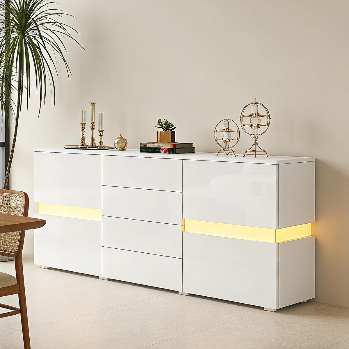 Sideboard, Anrichte Hochglanz Anrichte für Wohnzimmer Modernes Anrichte Schrank Vitrine mit LED Beleuchtung 2 Türen 4 Schubladen Wohnmöbel (Weiß)