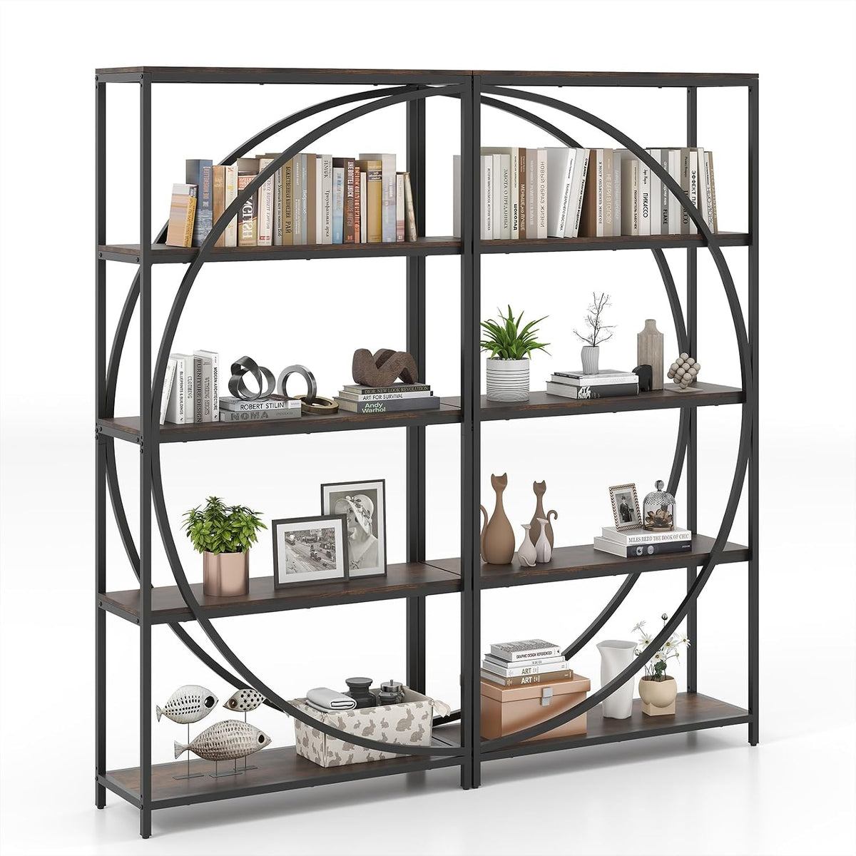 Standregal 2er Set Geometrisches Bücherregal Büroregal mit offenen Holzregale & Metallrahmen, industriell