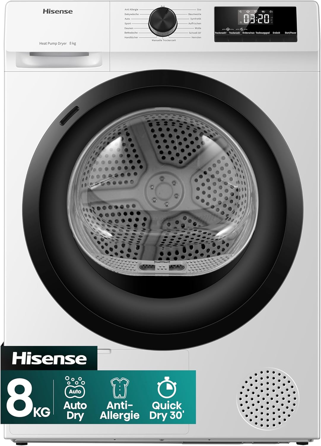 Hisense Wärmepumpentrockner, DHQE800BW2 Wäschetrockner, 8KG, Kondensation mit Wärmepumpe, 15 Programme, Feuchtesensor, Anti Crease, TwinAir