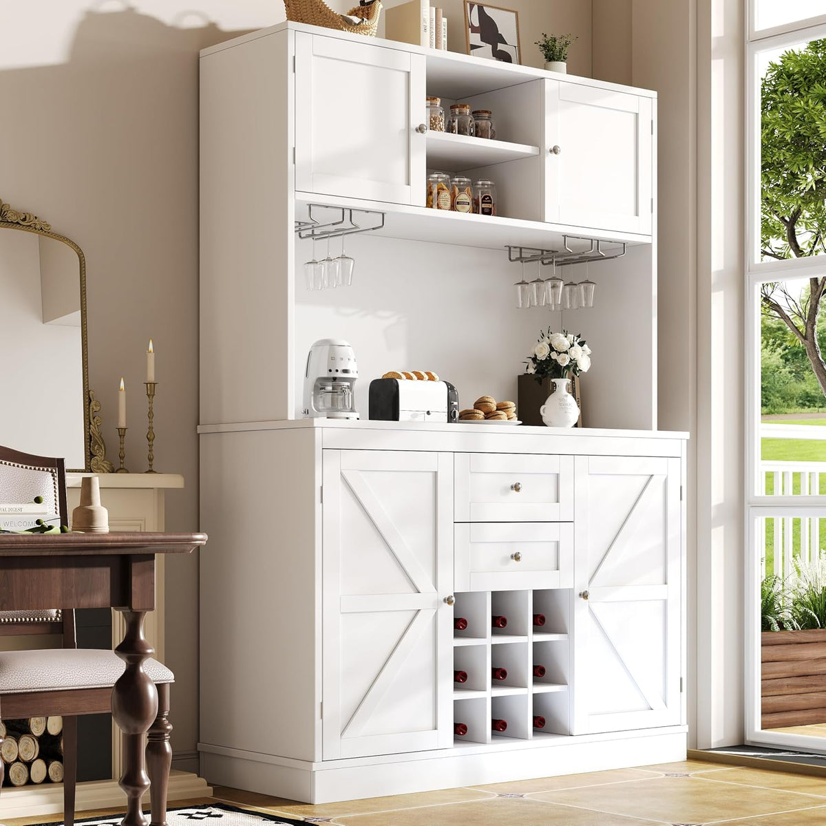 Sideboard Küchenschrank Buffetschrank Hochschrank, Küchenbuffet Vorratsschrank mit Arbeitsplatte, 4 Türen, 2 Schubladen, Weinglasregal, Offene Fächer