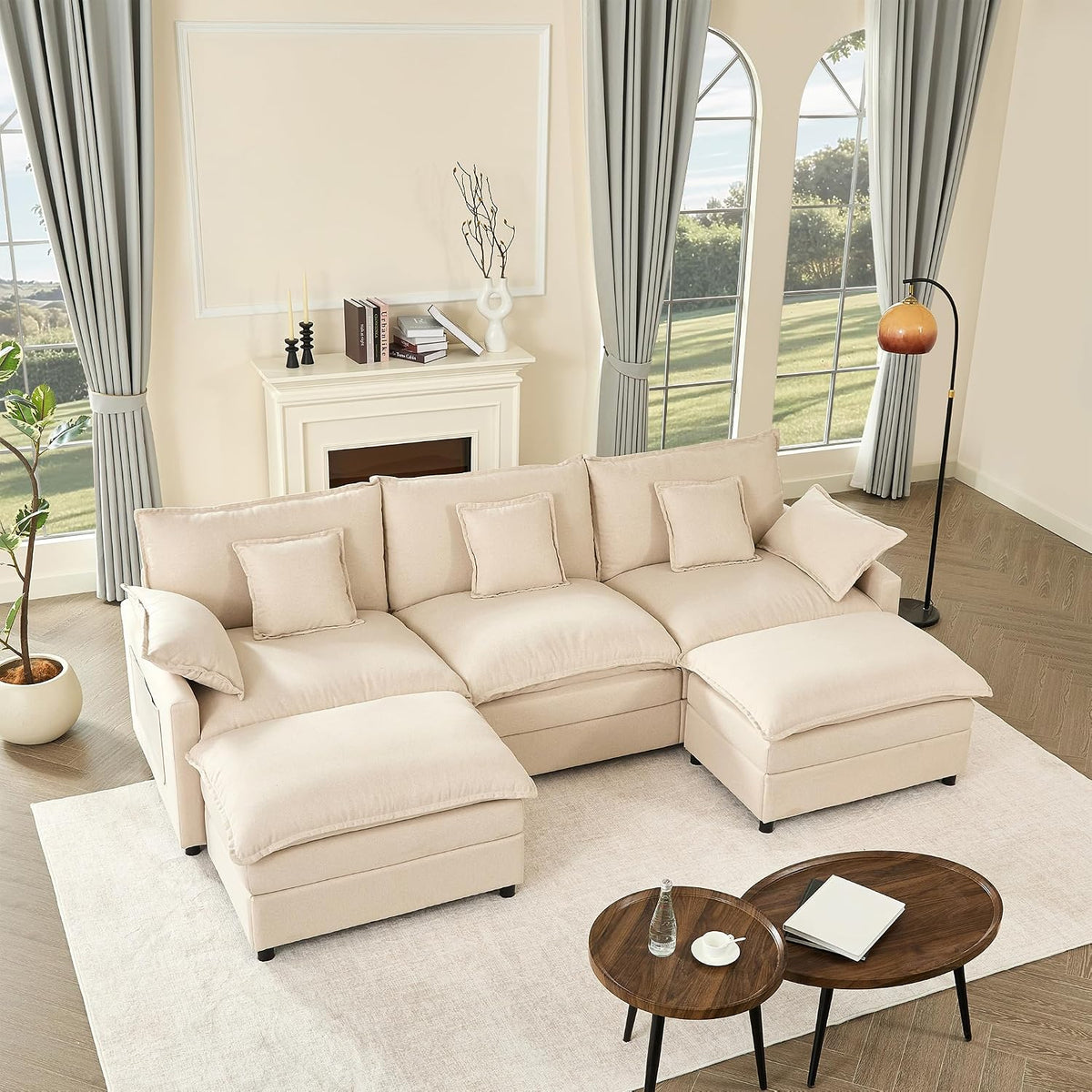 Sofa U-förmiges modulares, 3-Sitzer Ecksofa mit Hocker, tiefes Sitzdesign, Cloud Couch für Wohnzimmer(Beige), Litbird