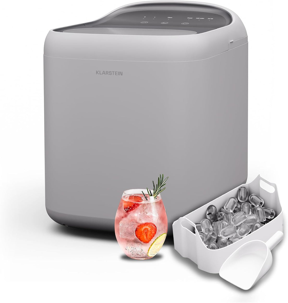 Klarstein SparkIce Eiswürfelmaschine, 15 kg/Tag, Eiswürfel in 6 Min., Touchpad, 2 Eiswürfelgrößen, Automatische Reinigung