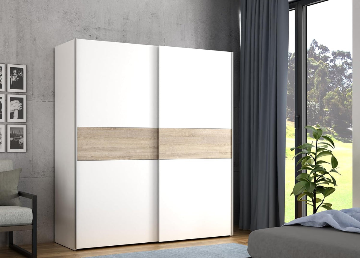 Kleiderschrank LONGLINE 170 2-türig Schrank Schwebetürenschrank modern weißer, Holzwerkstoff, Weiß/Sonoma Eiche Holzdekor, 170 cm breit × 190
