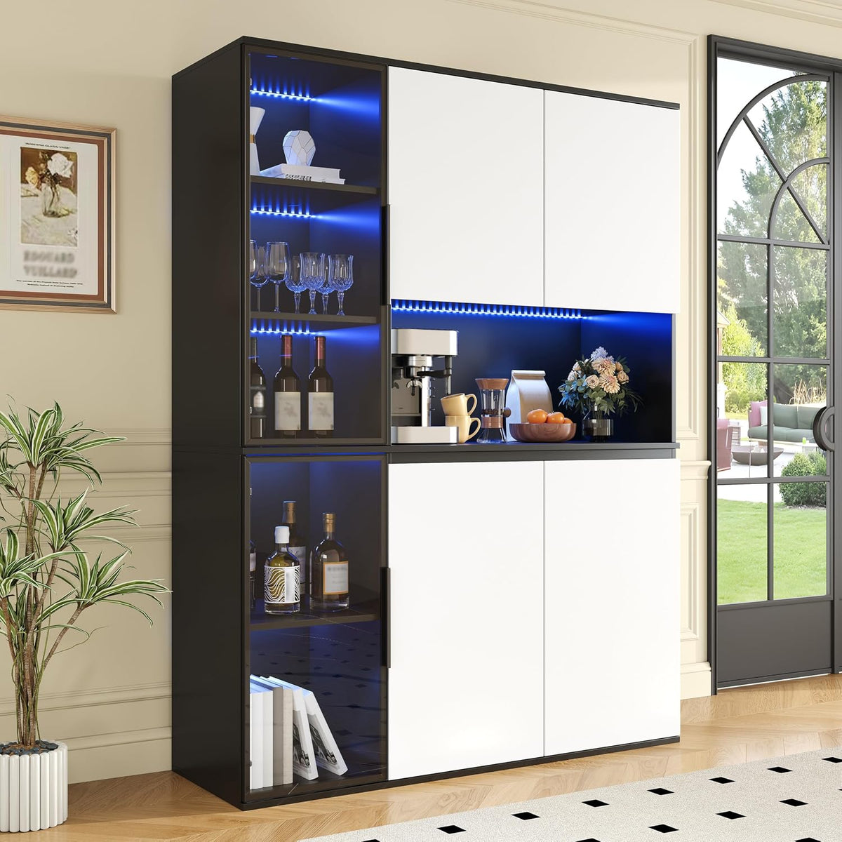 Schrank 120 40 160H(cm) Vitrine L x B x Schwarz-Weiß Optik Glasvitrine und Buffet, integrierte LED-Leuchte, Dolamaní