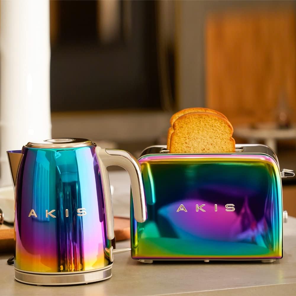 AKIS ALIVE KITCHEN IDEA STUDIO La Fête Design Toaster und Wasserkocher, Set aus Edelstahl in Regenbogen bunter Farbe Modern