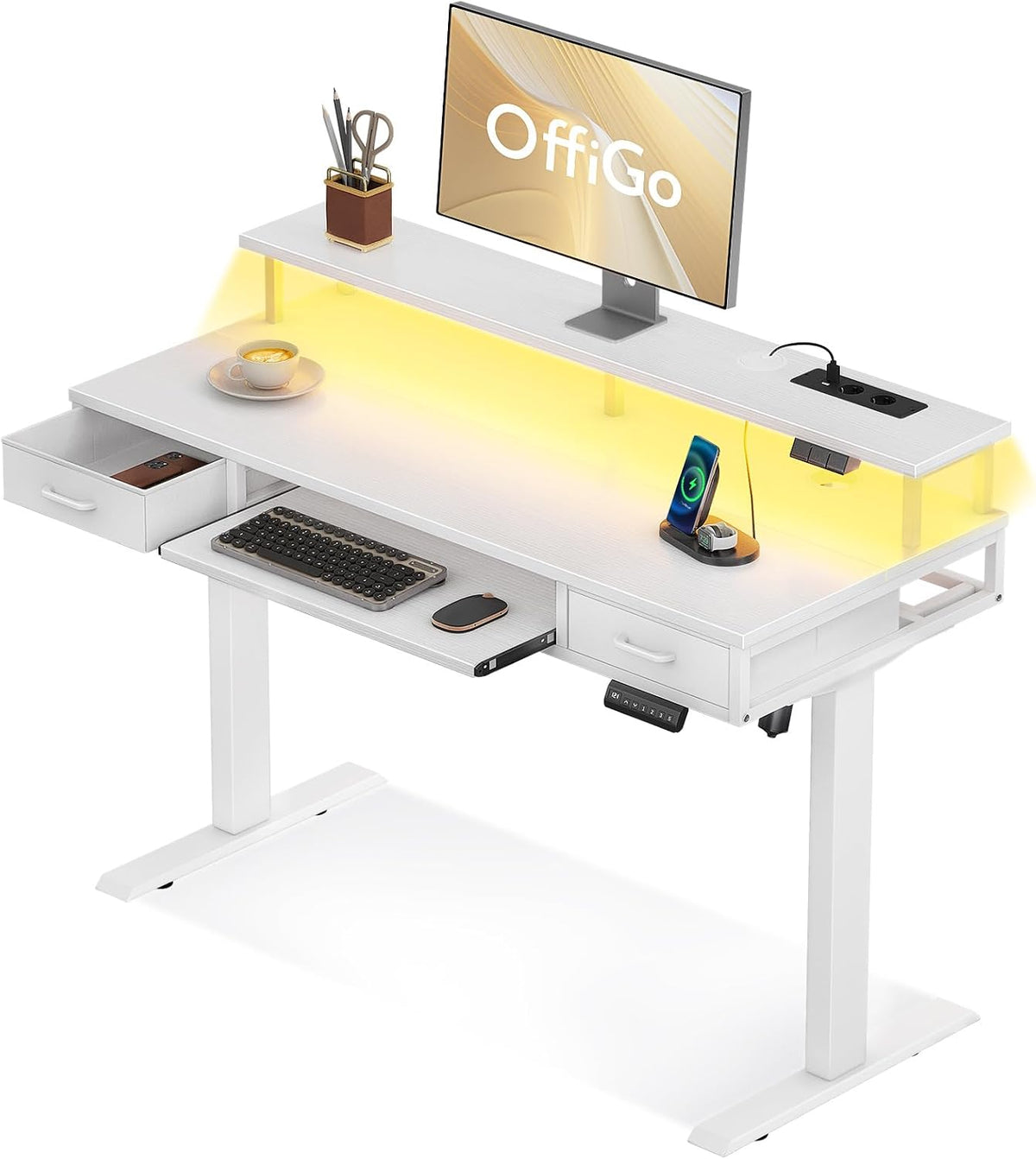 Schreibtisch, Höhenverstellbar mit Schubladen 120 cm, Weiß, OffiGo