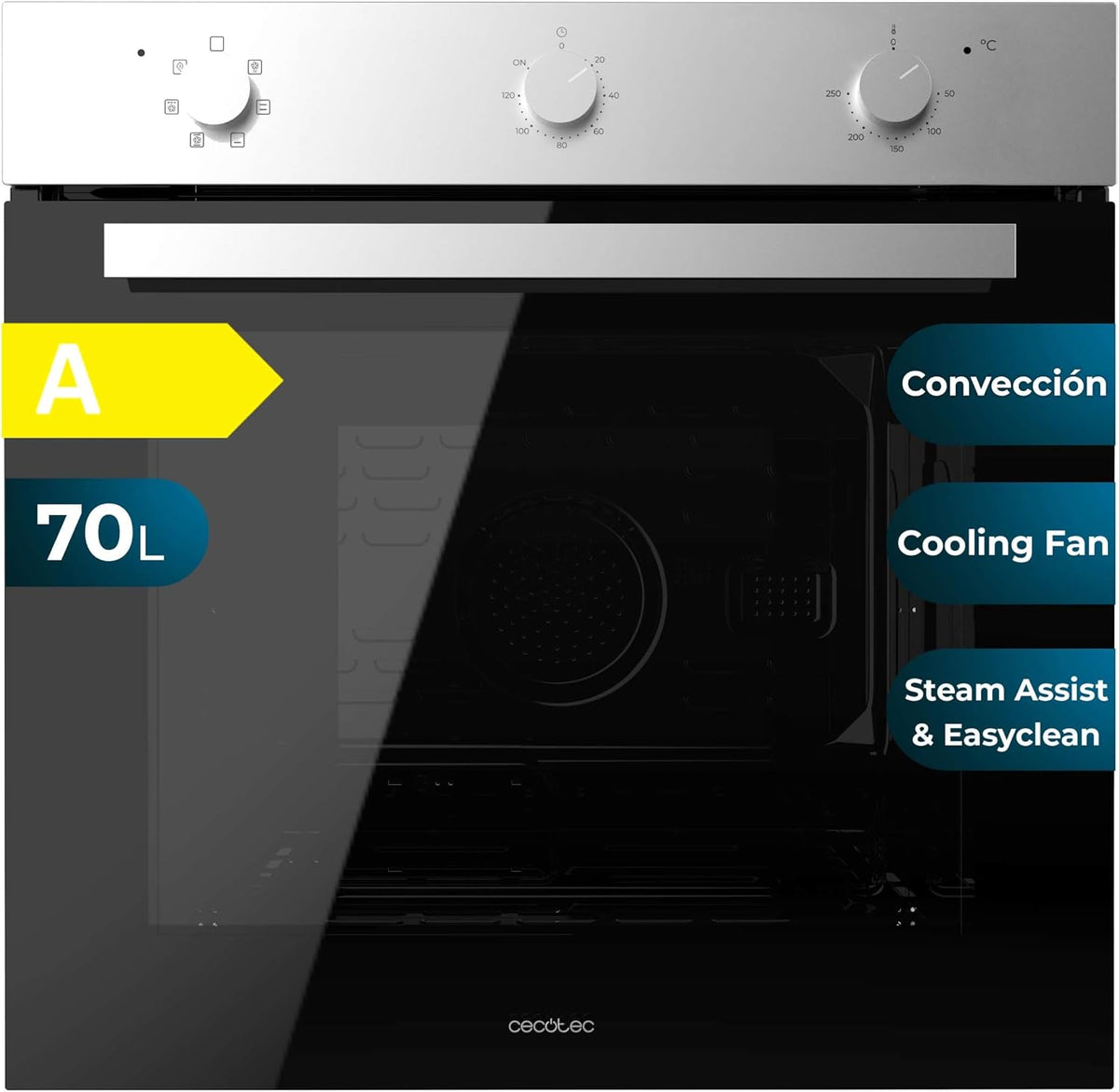 Cecotec Einbau- Backofen, Multifunktion 70L Bolero Hexa M236000 Inox Time. 2800W, 6 Funktionen, Timer, Steam Base XXL, Steam Assist, Steam EasyClean