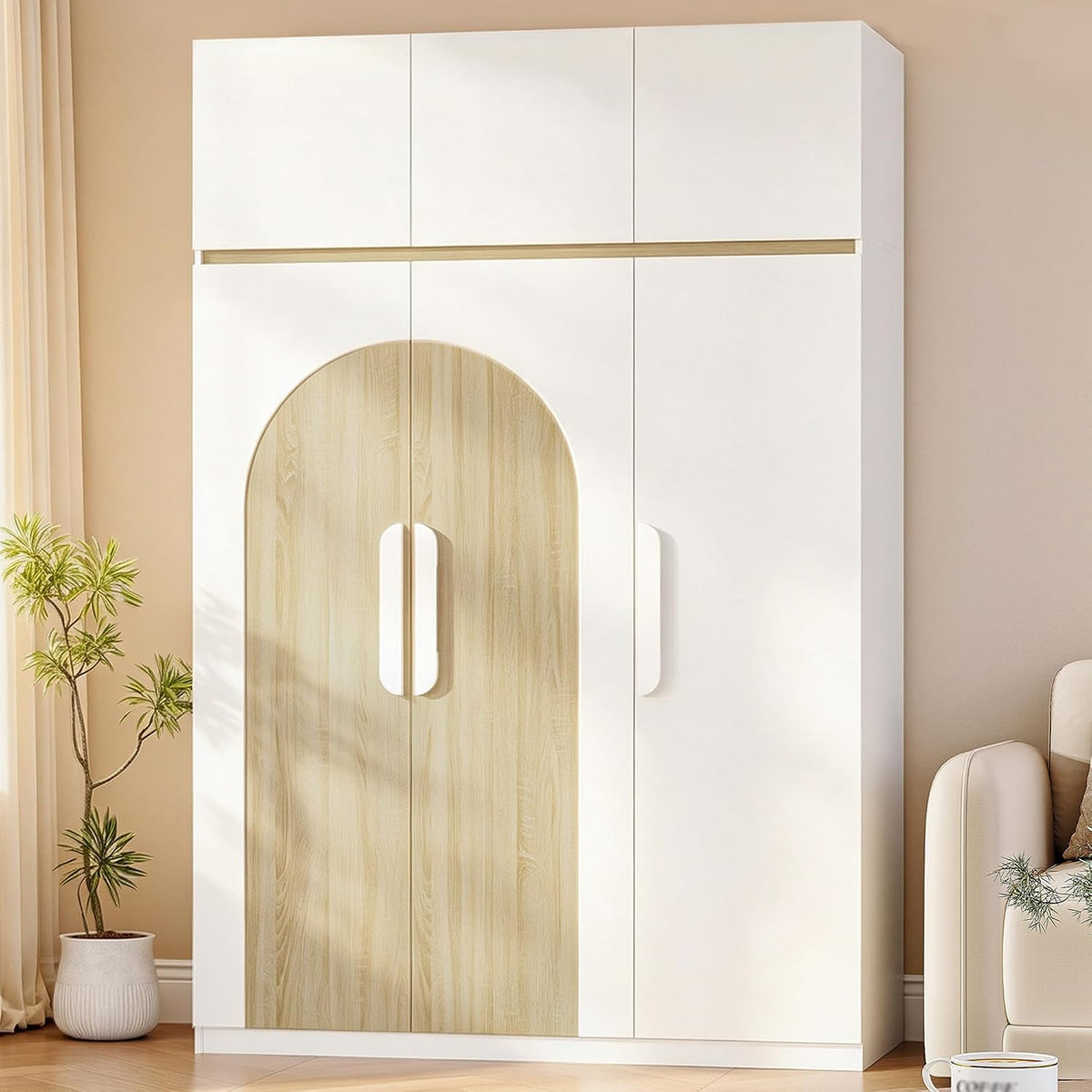 Kleiderschrank, 50×120×180 cm Sechstürig, Weiß mit Naturholzoptik, Hzuaneri