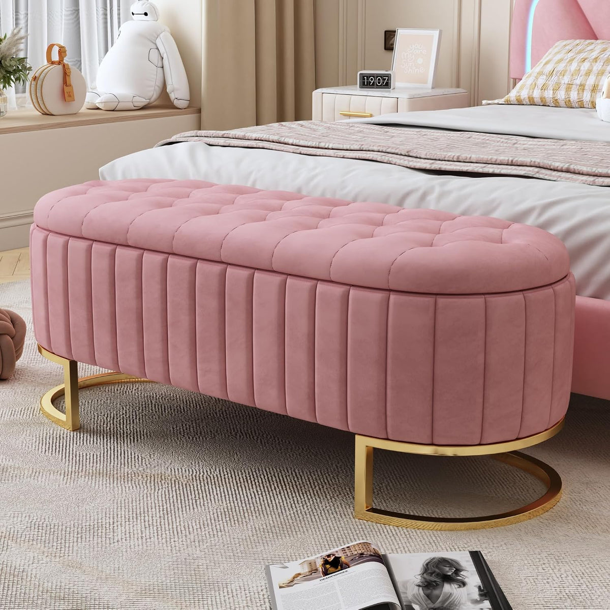 Bettgestell, Stauraum-Schlafkoffer und Fußbank 120 x 40 cm, gepolsterte Fußbank mit Stauraum, Sofabank Bank, Samtstoff, Rosa, MYBOO
