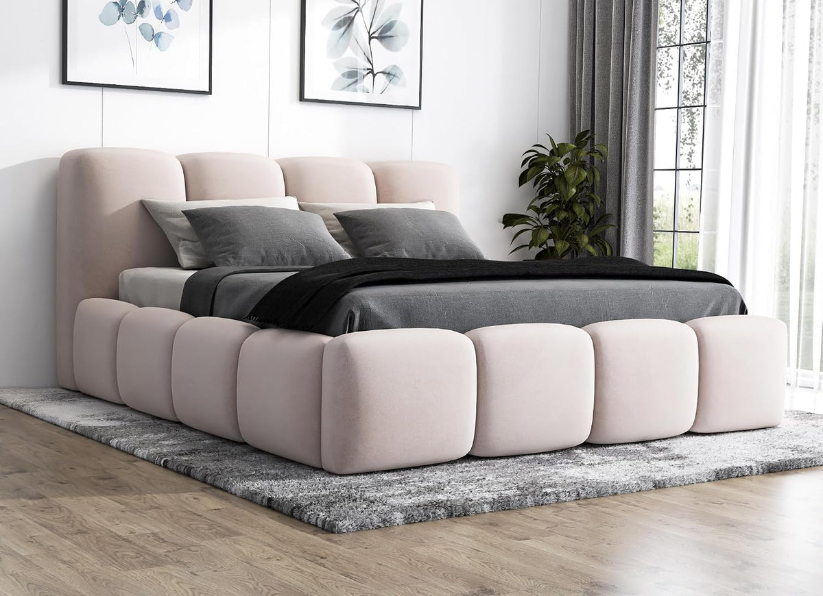 Bett Polster, 120 × 200 mit Bettkasten und Lattenrost, DONA-OM, Bett mit Stauraum in Beige ohne Matratze, A&J MöbelLand