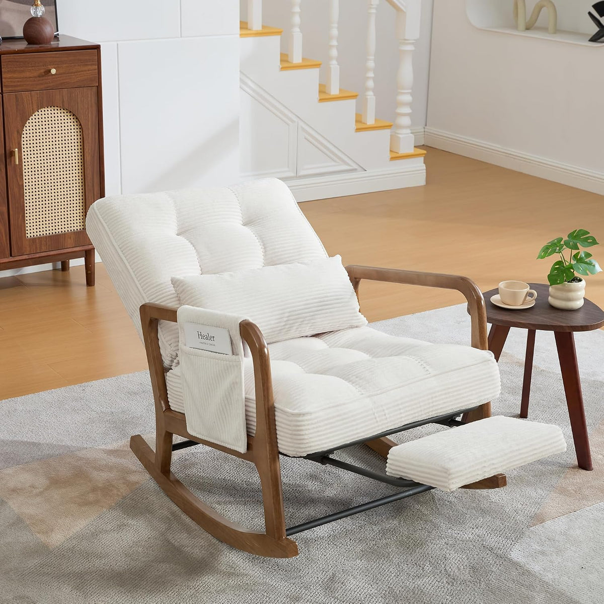 Schaukelstuhl, 70 × 80 × 92 cm mit Fußstütze, verstellbarer Lehne, Cord Beige, Calivra