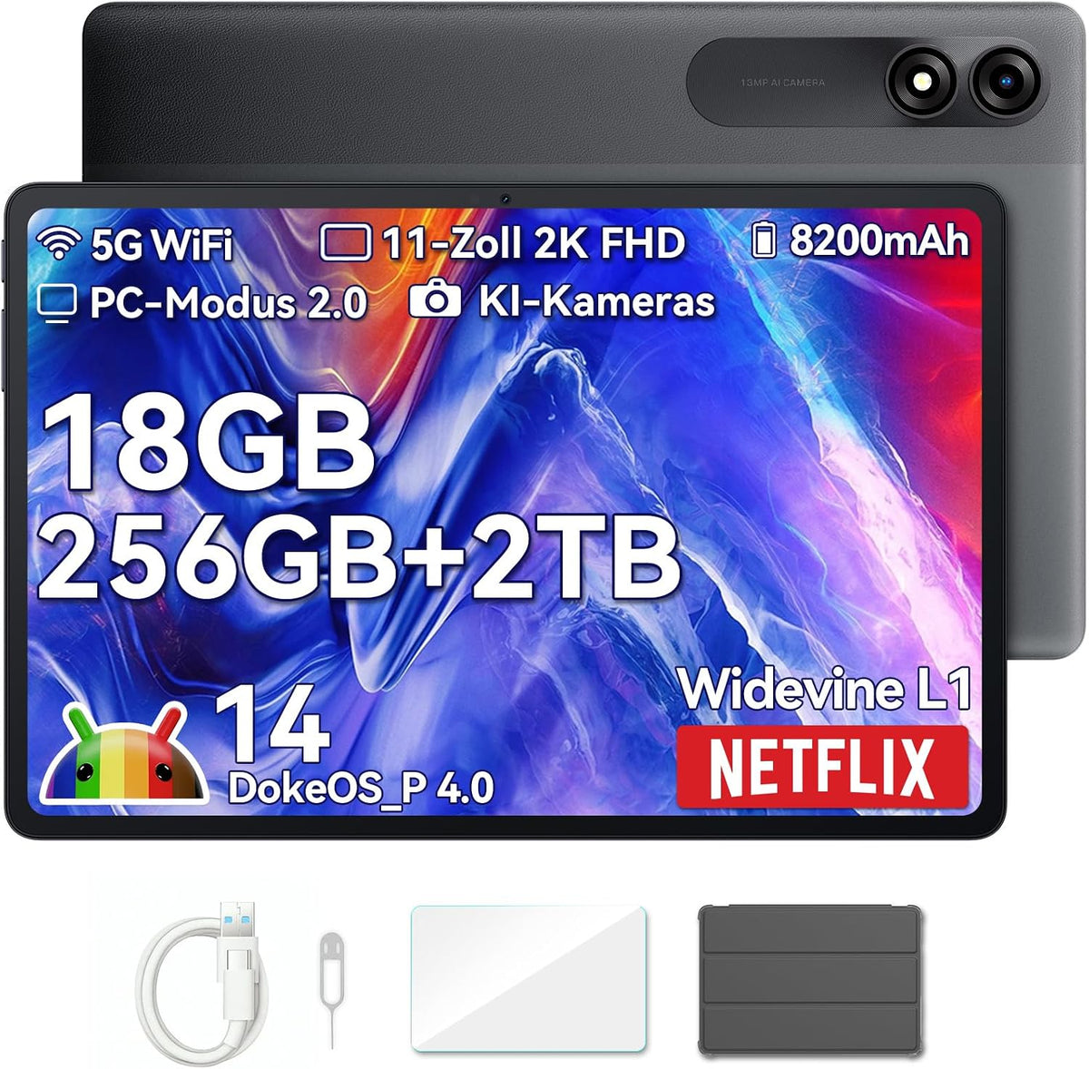 Blackview Tablet PCs, Tab9WiFi 11 Zoll Tablet Android 14 2K FHD+, 18GB + 256GB(TF 2TB), Octa-Core Gaming Tablet mit Schutzhülle, Gemini AI, 13MP + 8MP