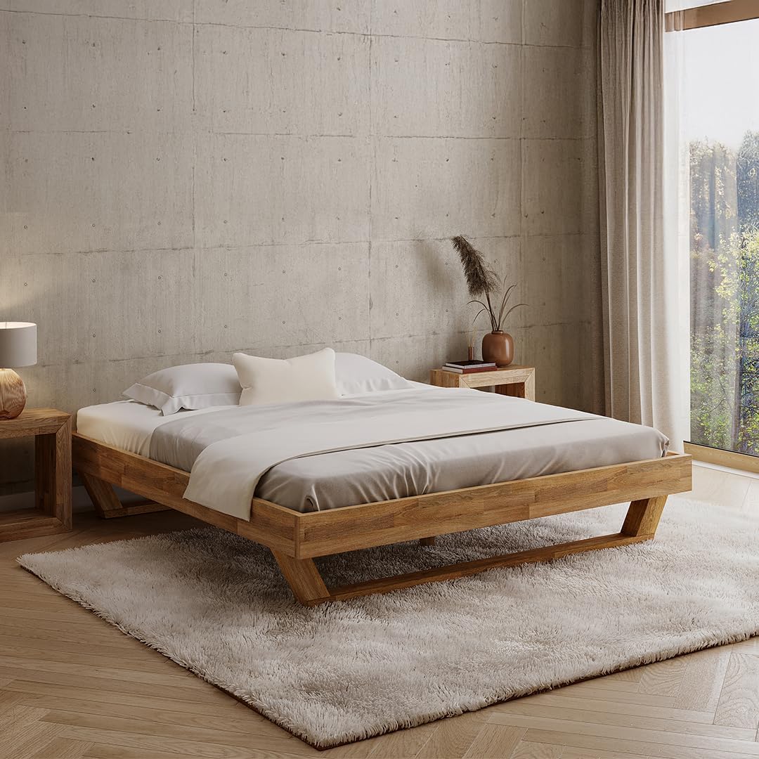Bett Nornir Massivholz, 180 × 200cm, Massivholz Eiche Bettrahmen in Natur, skølm