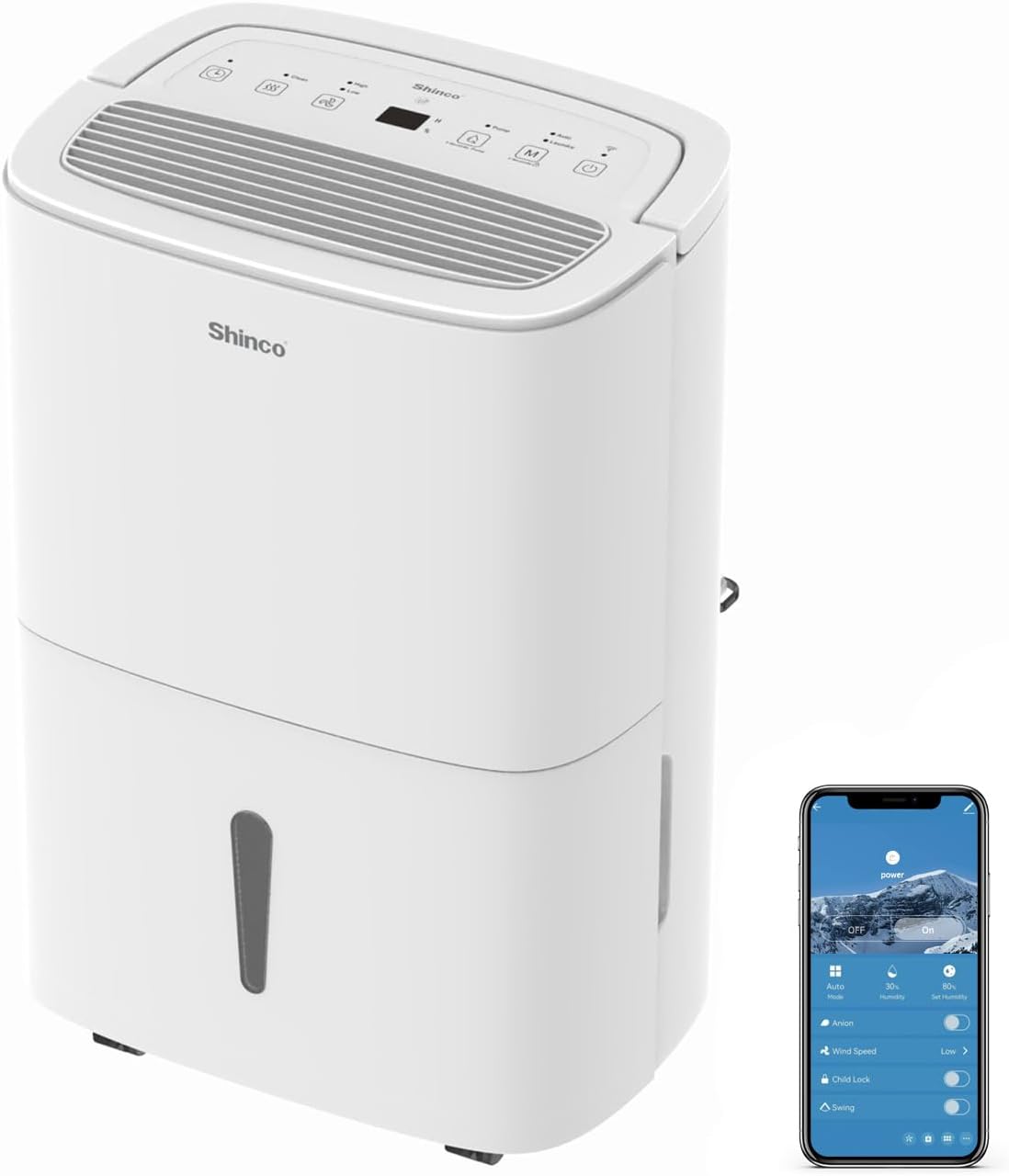 Shinco 50L Wifi elektrisch Luftentfeuchter, mit APP&Pump, 165m³/55m², Entfeuchter mit 7L Wassertank, Aktivkohlefilter, Energieeinsparung
