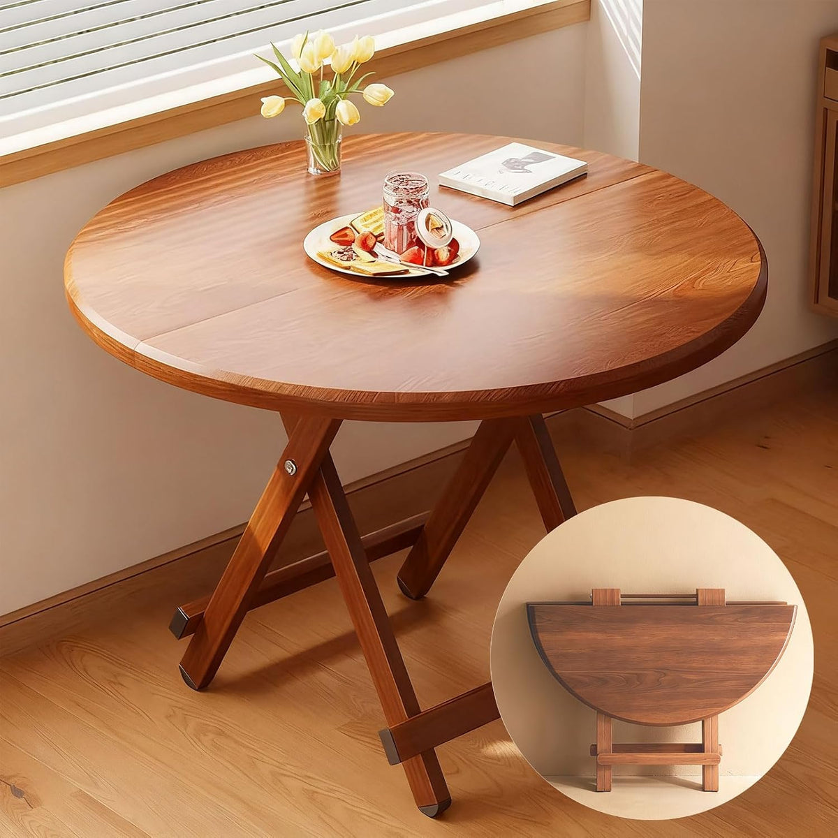 Esstisch Runder klappbarer, 100 cm, Holz-Küchentisch für Wohnzimmer, Esszimmer, Balkon, Terrasse, vielseitiger brauner Akzenttisch für kleine Räume