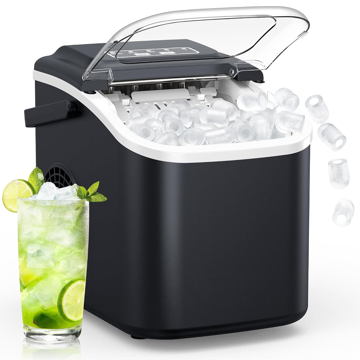 vcloo Eiswürfelmaschine, Klein Ice Maker Machine: Tragbarer Eiswürfelbereiter, 12kg/24H, 8 Eiswürfel in 6 Min, 2 Eiswürfelgrößen